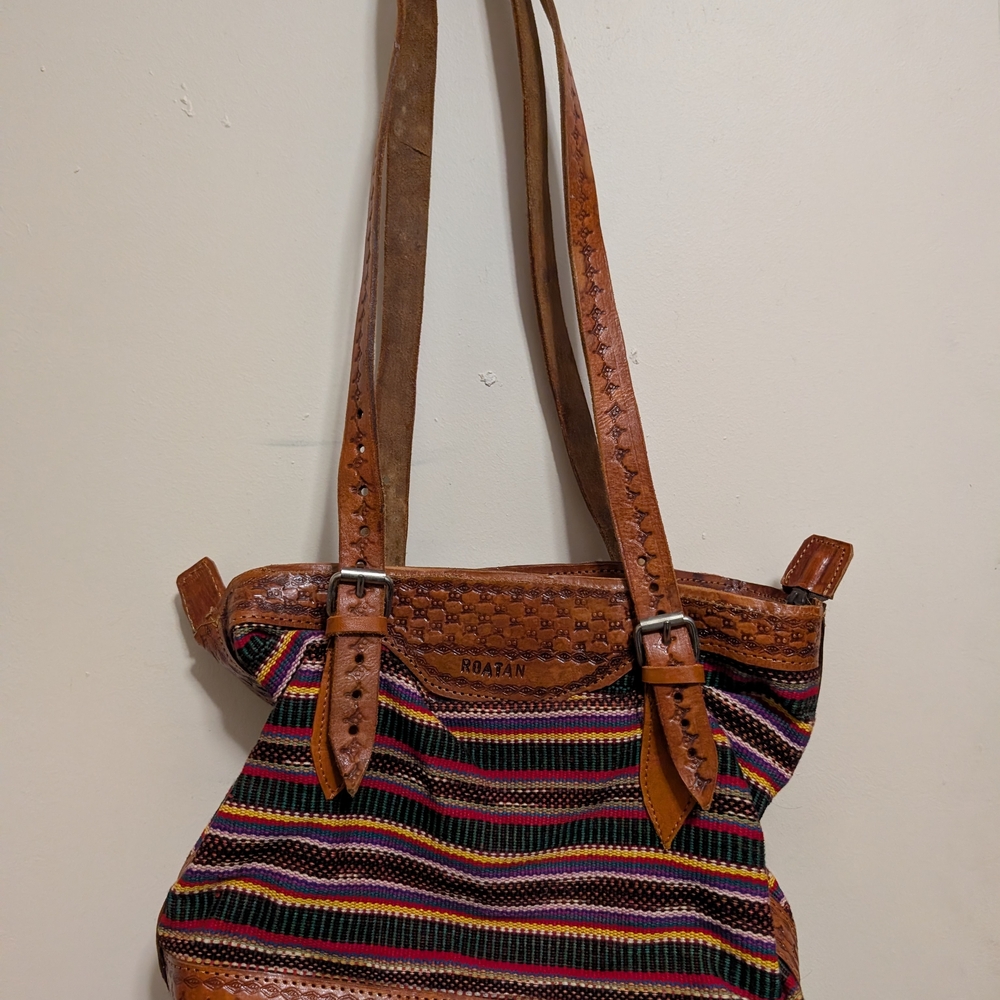 Tan Leather-Trim Multicolor Woven Shoulder Bag